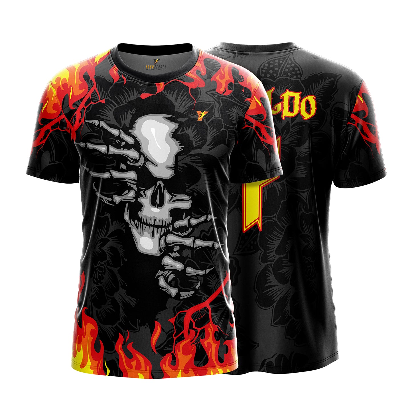 Skull Flame Sports Jersey – Gothic Fire Design – Sizes 2 Years to Adult XXXXL