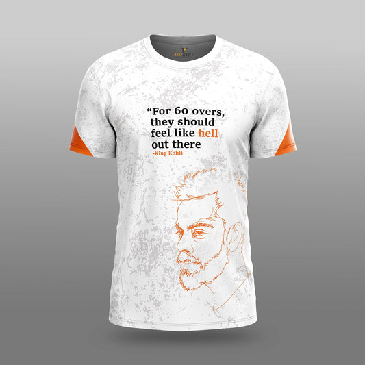King Kohli Tribute Jersey – White & Orange | Cricket Motivation Tee by Your Jersey. your jersey