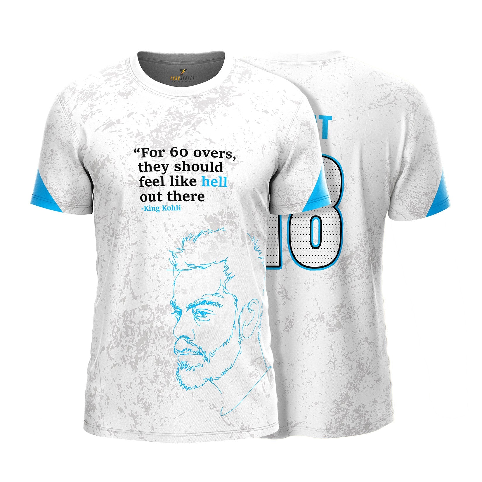 King Kohli Tribute Cricket Jersey – White & Blue -Motivational T-Shirt by Your Jersey your jersey