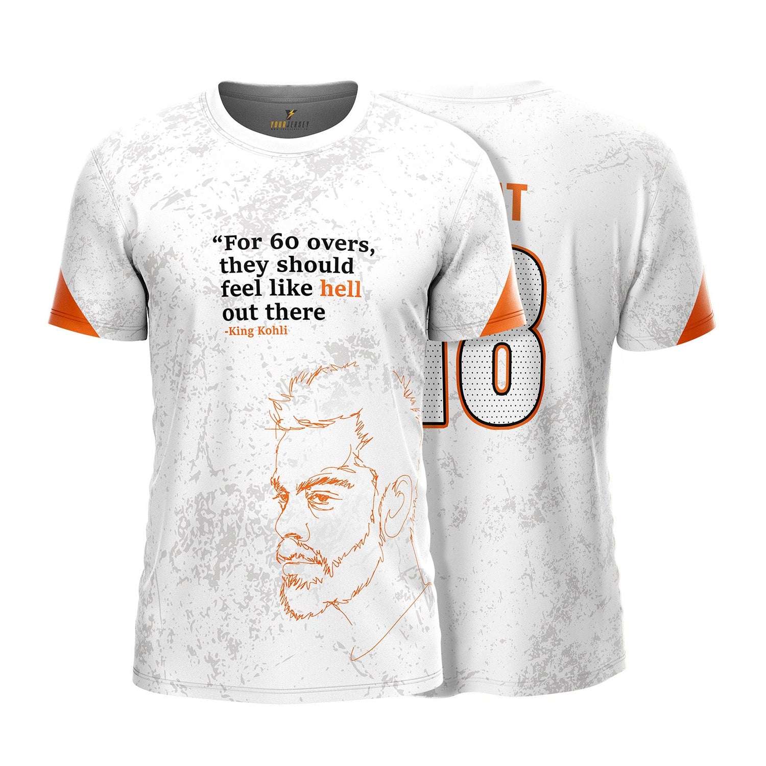 King Kohli Tribute Jersey – White & Orange | Cricket Motivation Tee by Your Jersey. your jersey