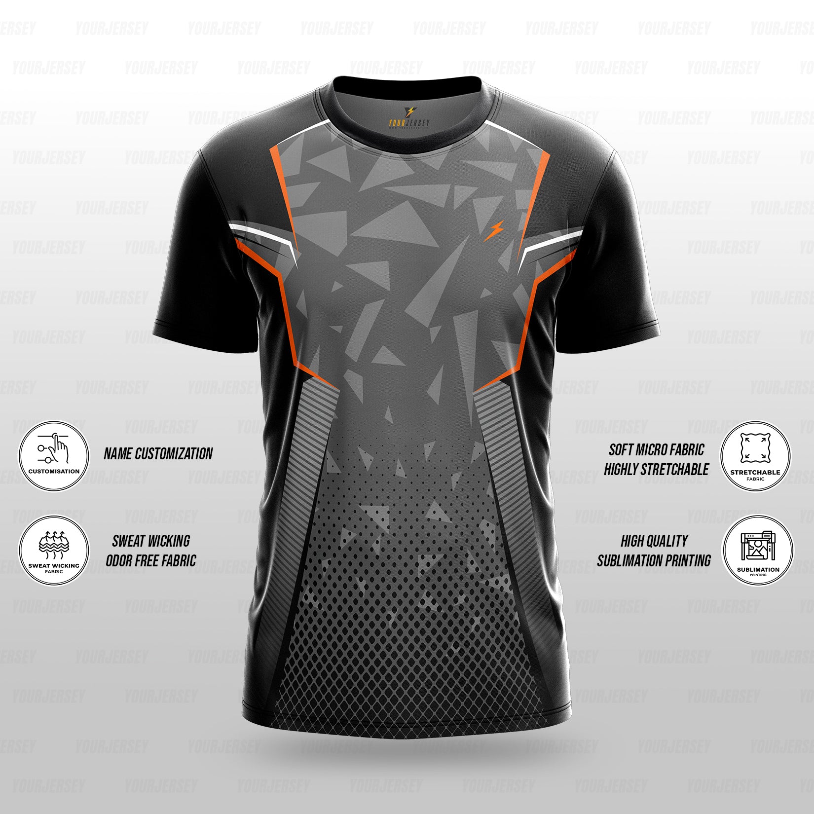 Custom Sports Jersey for Men & Kids Personalised T-Shirt - Grey Triangle Black Jersey yourjerseyj