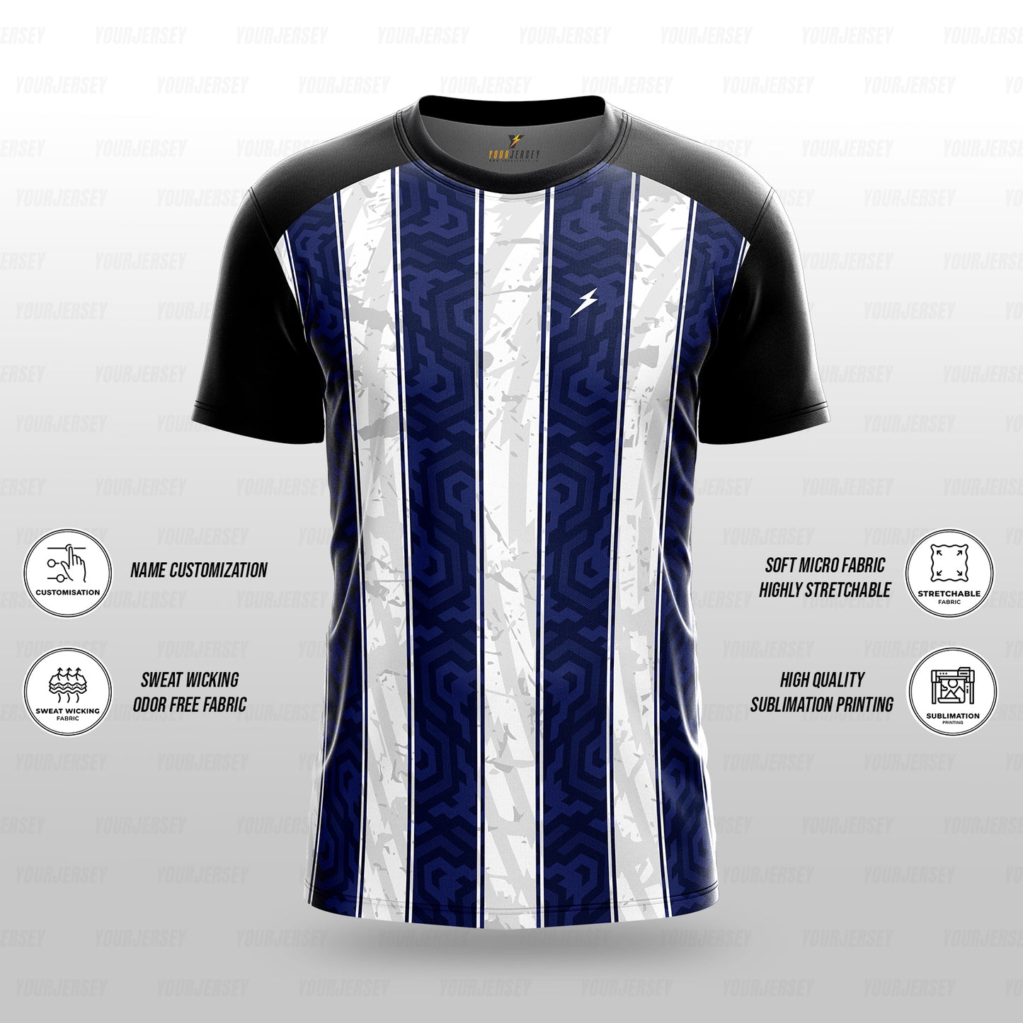 Custom Sports Jersey for Men Personalised T-Shirt - Navy Blue & White Line Black Jersey yourjerseyj