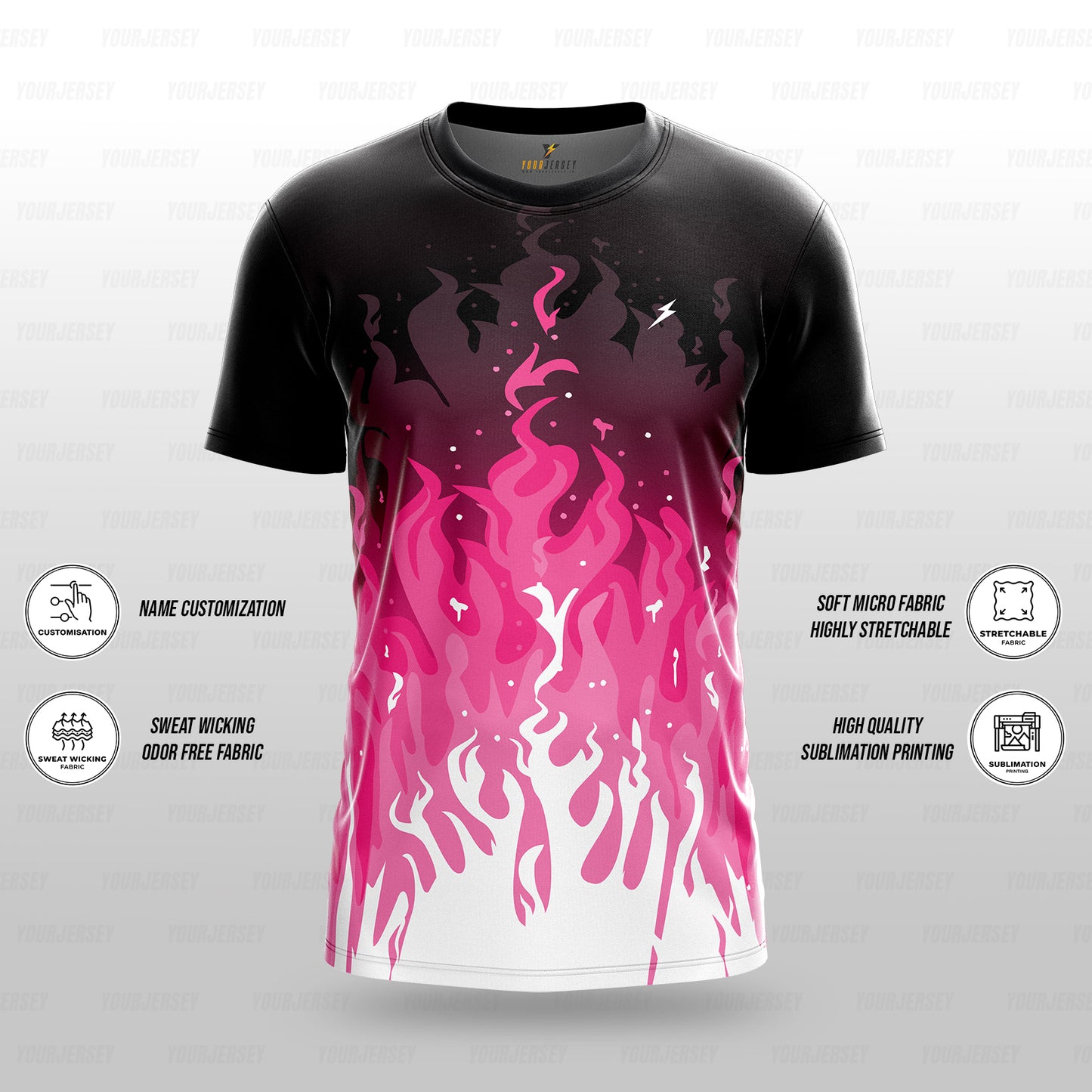 Custom Sports Jersey for Men & Kids Personalised T-Shirt - Pink Flame Black Jersey yourjerseyj