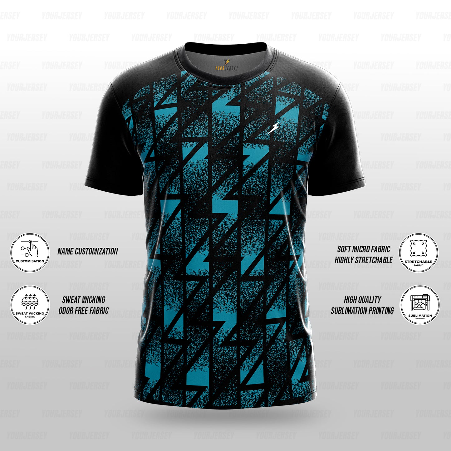 Custom Sports Jersey for Men & Kids Personalised T-Shirt - Aqua Bolt Black Jersey yourjerseyj