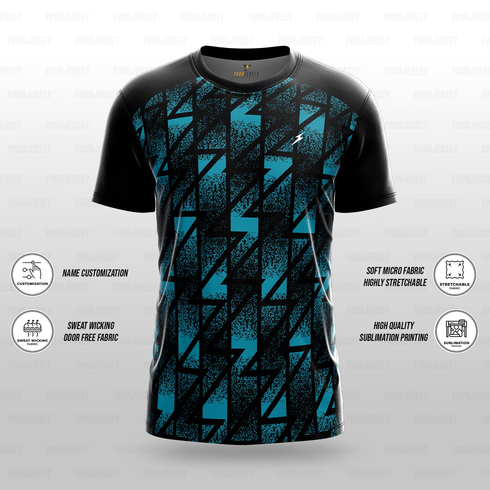 Custom Sports Jersey for Men & Kids Personalised T-Shirt - Aqua Bolt Black Jersey yourjerseyj