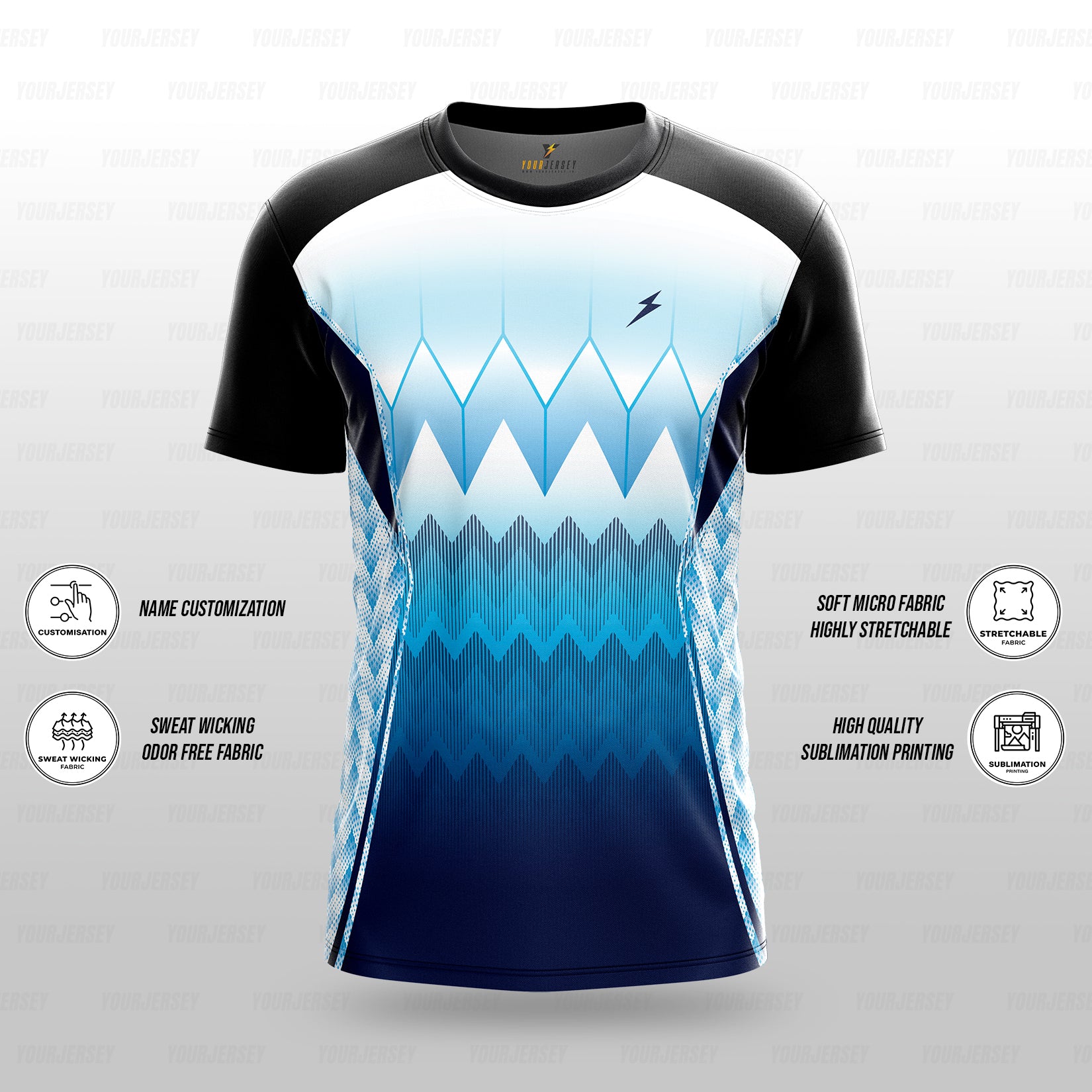 Custom Sports Jersey for Men & Kids Personalised T-Shirt - Aqua Blue Black Jersey yourjerseyj