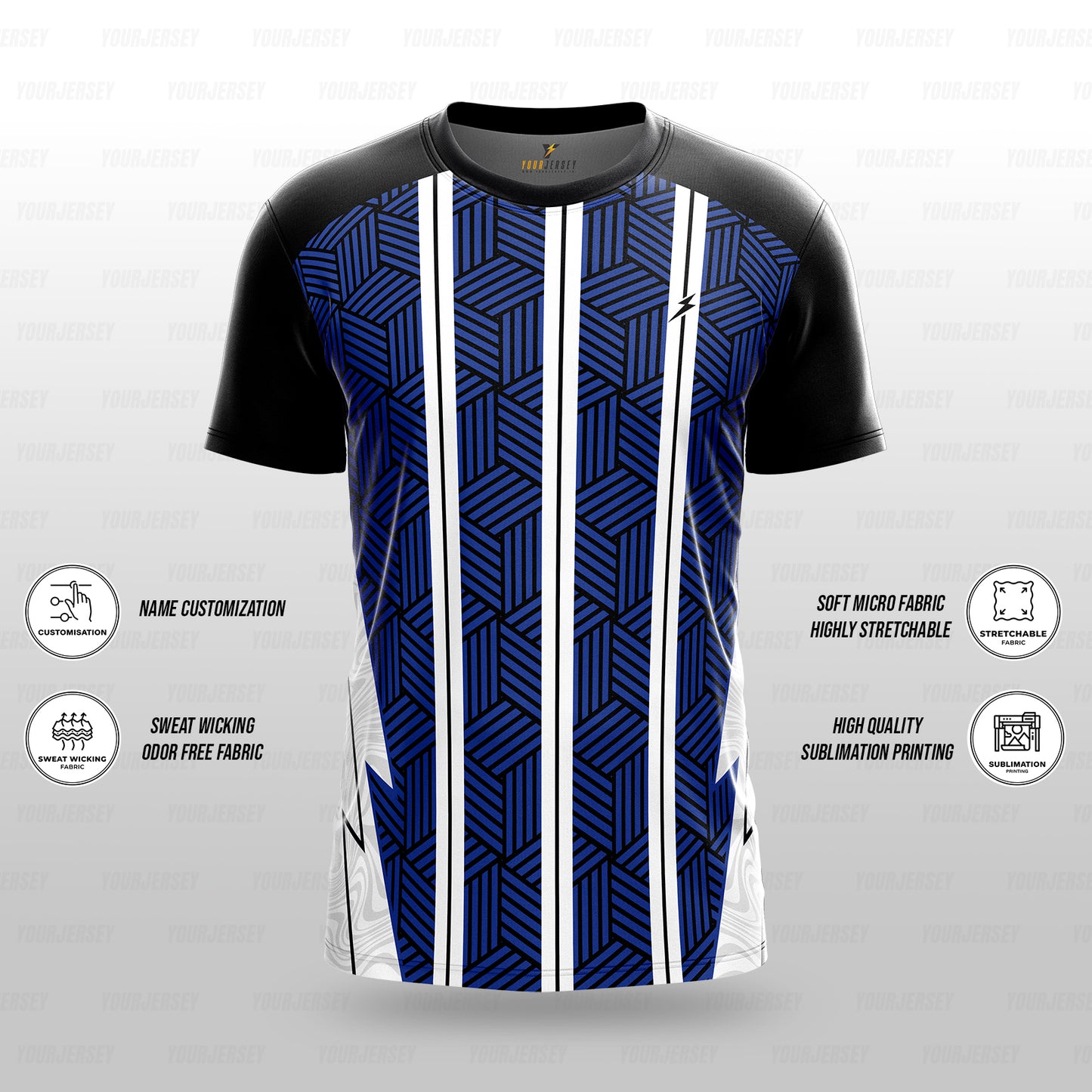 Custom Sports Jersey for Men Personalised T-Shirt - Royal Blue & White Line Black Jersey yourjerseyj