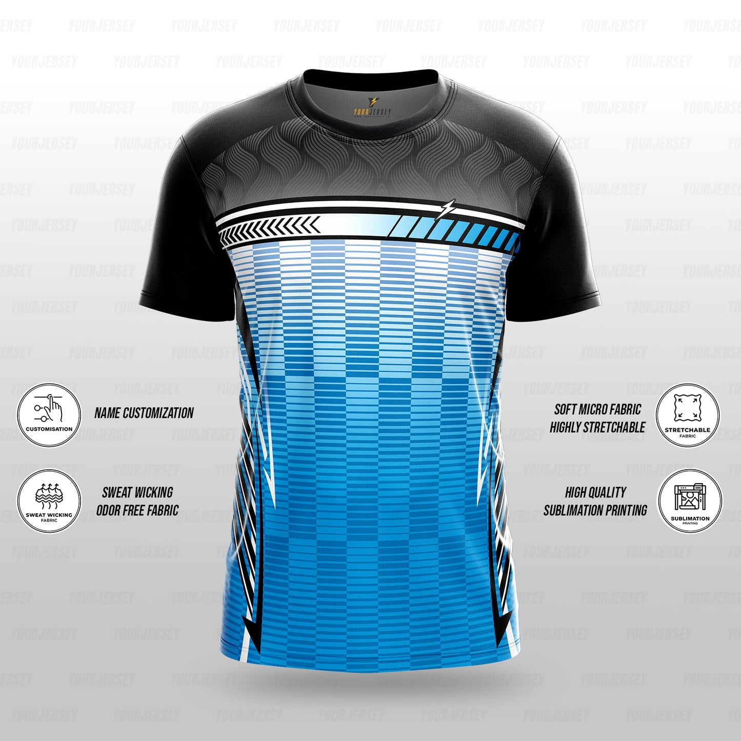 Custom Sports Jersey for Men & Kids Personalised T-Shirt - Sky Blue Black Jersey yourjerseyj