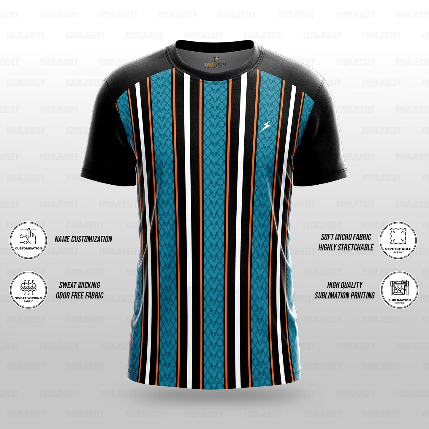 Custom Sports Jersey for Men Personalised T-Shirt - Aqua & White Line Black Jersey yourjerseyj