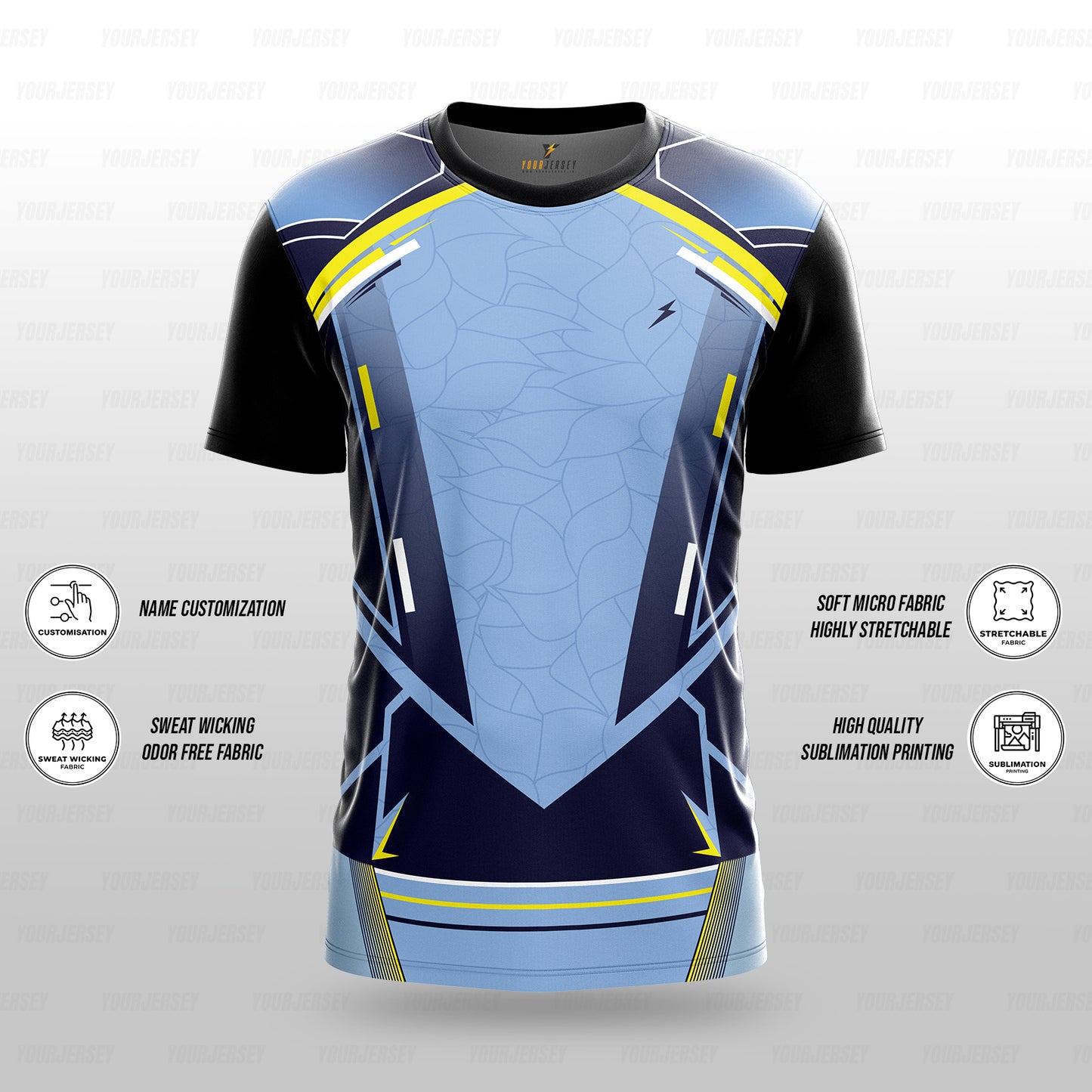 Custom Sports Jersey for Men & Kids Personalised T-Shirt - Blue Sky Crackle Black Jersey yourjerseyj