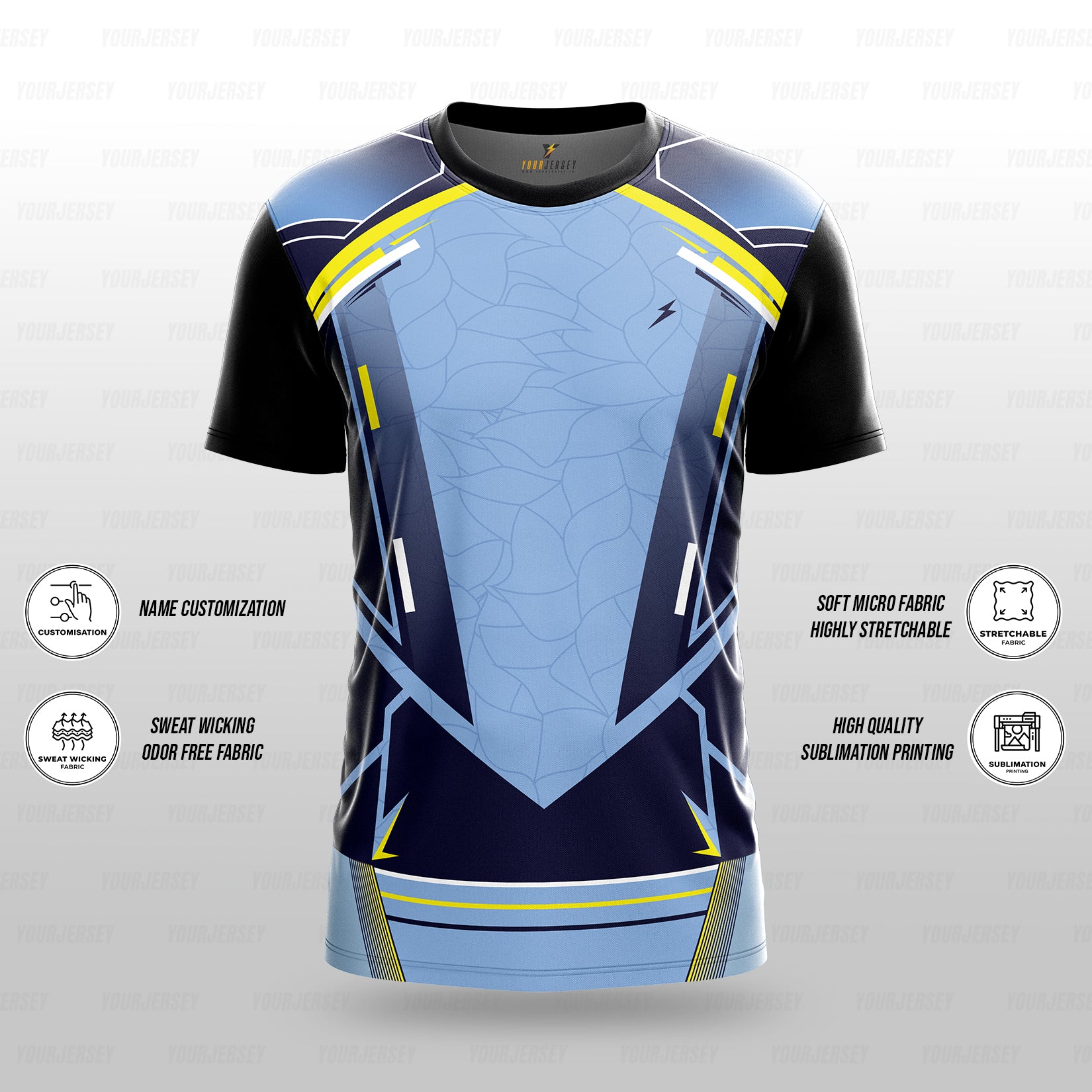 Custom Sports Jersey for Men & Kids Personalised T-Shirt - Blue Sky Crackle Black Jersey yourjerseyj