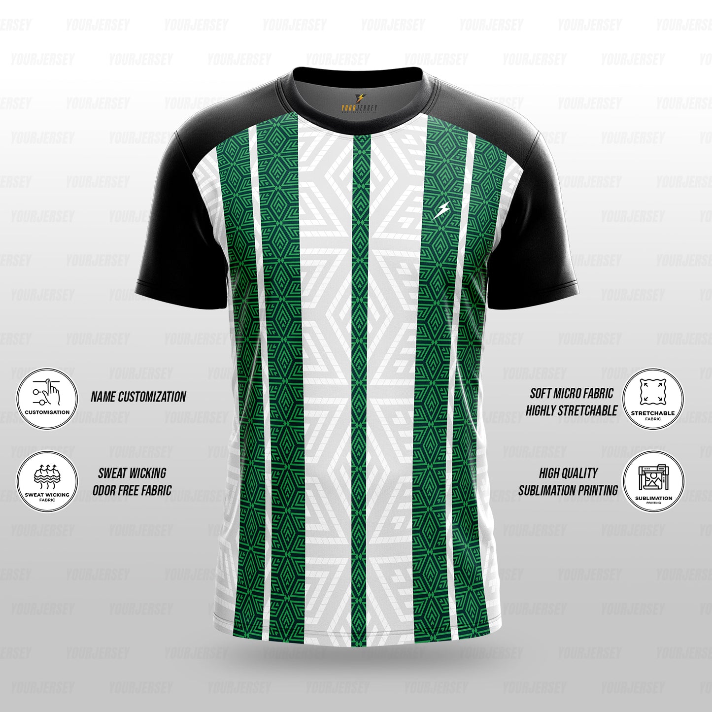 Custom Sports Jersey for Men Personalised T-Shirt - Green & White Line Black Jersey yourjerseyj