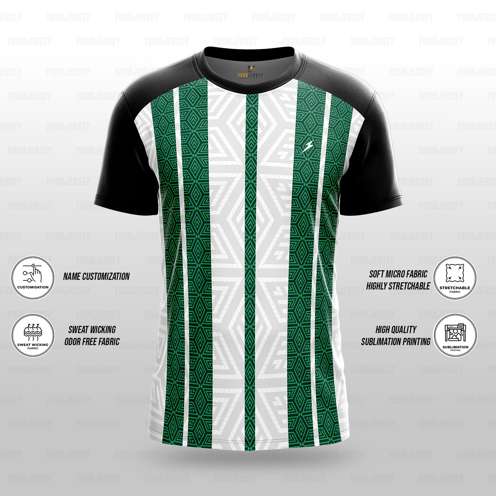 Custom Sports Jersey for Men Personalised T-Shirt - Green & White Line Black Jersey yourjerseyj
