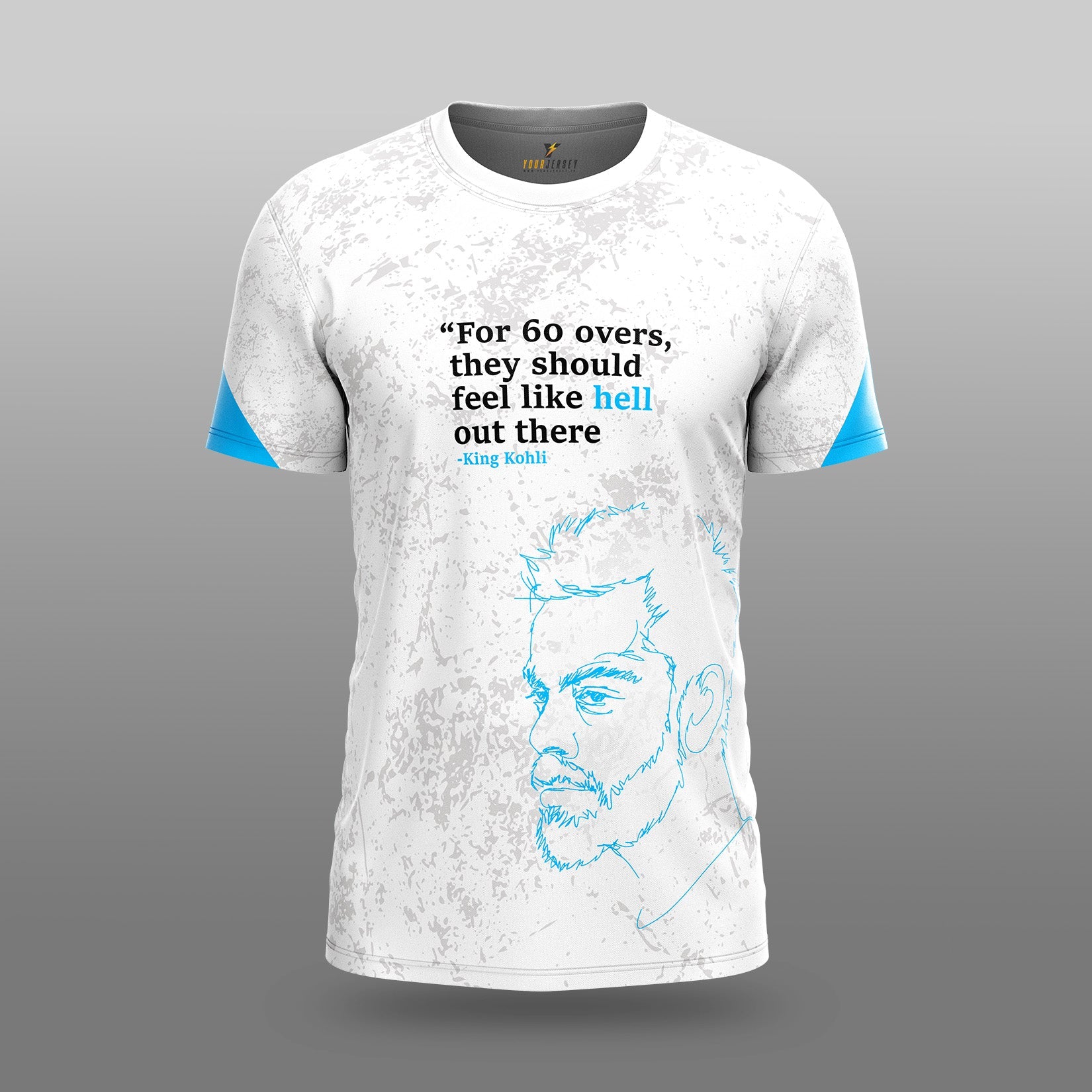 King Kohli Tribute Cricket Jersey – White & Blue -Motivational T-Shirt by Your Jersey your jersey