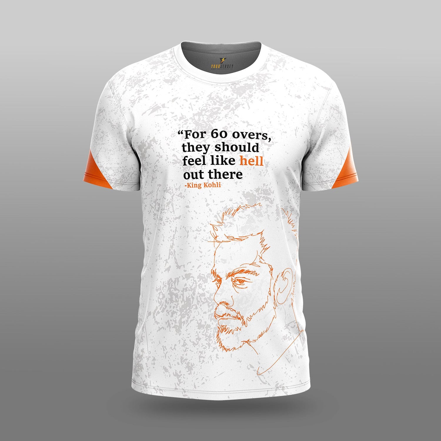 King Kohli Tribute Jersey – White & Orange | Cricket Motivation Tee by Your Jersey. your jersey